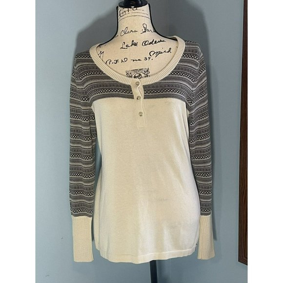 Women’s Woolrich Original Ivory/Gray Crew Neck Button Fair Isle Sweater Sz M - Picture 1 of 9